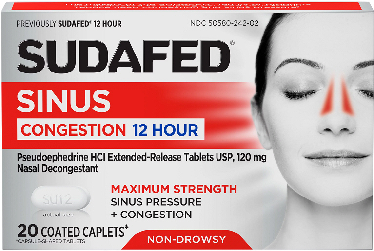 Sudafed Sinus Congestion 12 Hour box containing 20 coated caplets